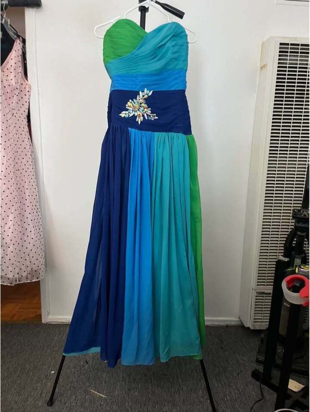 Strapless Multi-Color Blue and Green Rhinestone Embellished Gown - Picture 2 of 3